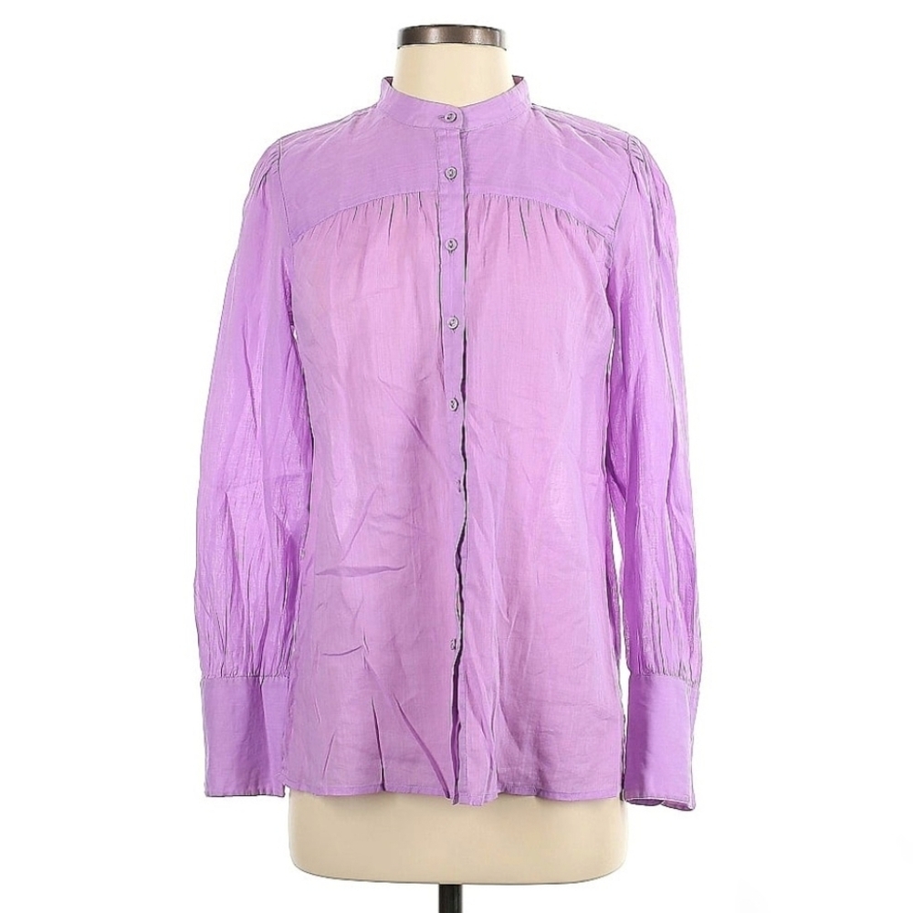 Ann Taylor Loft lilac purple button up blouse long sleeves mock neck women's L